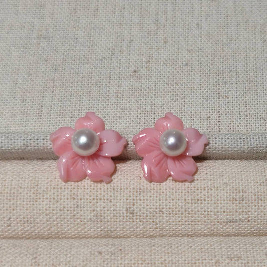 [TQ32]粉色雕花, akoya珍珠 5-5.5mm, K18金 耳環 318